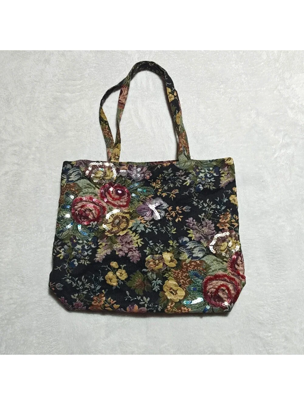 Vintage maximalist floral carpet shoulder bag with sequin embellishments